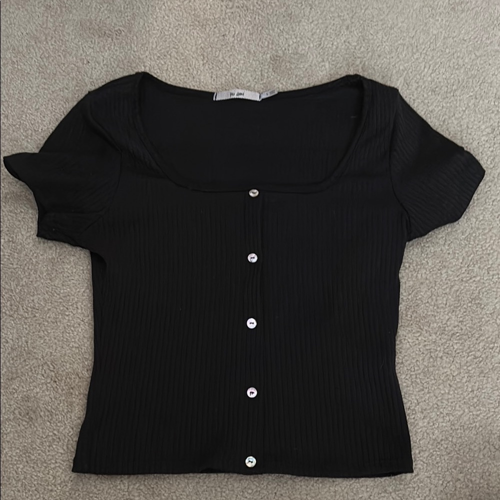 Francesca’s Black Ribbed Top with Buttons